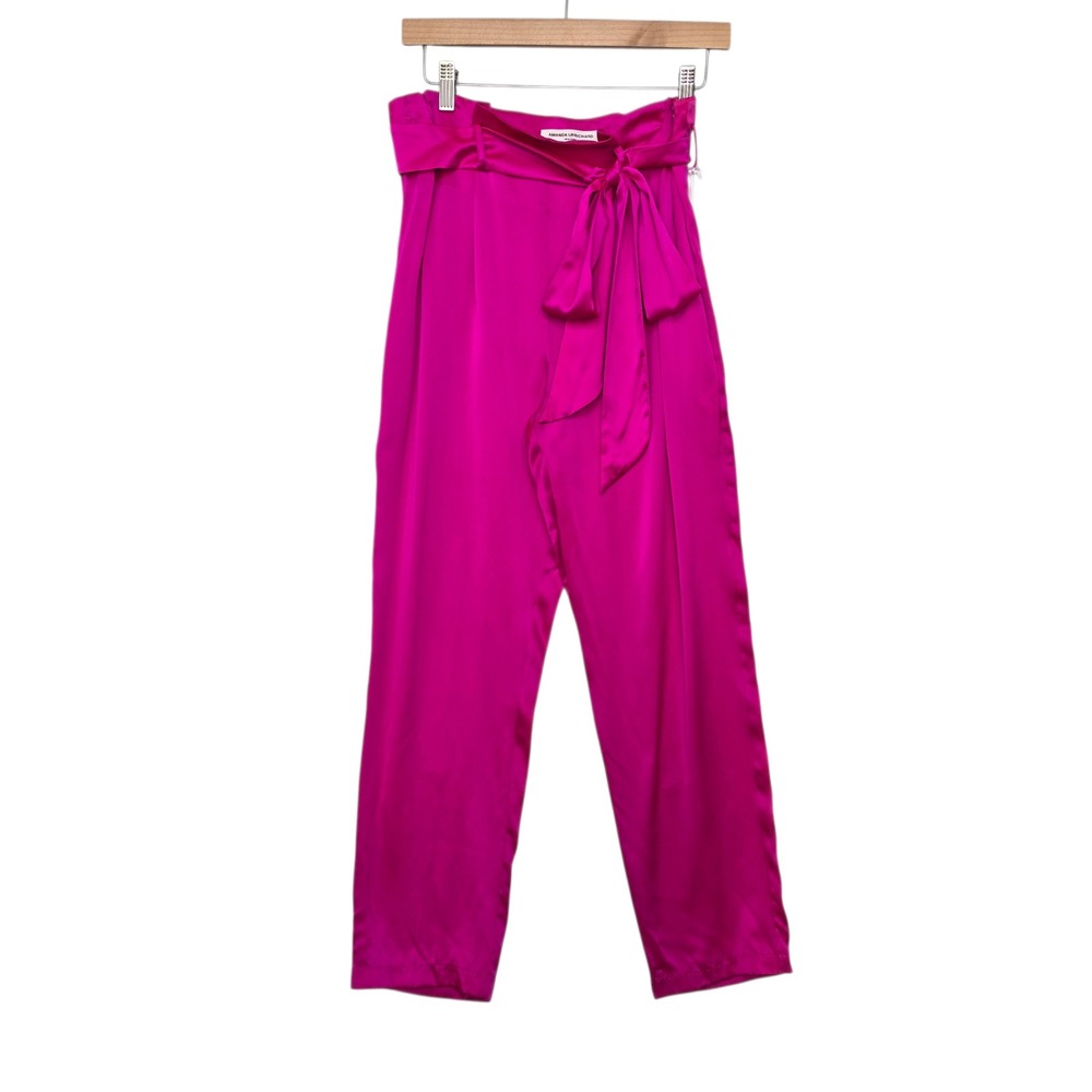 NWT Amanda Uprichard Womens Fuchsia 100% Silk High Rise Tie Waist Pants Sz Small